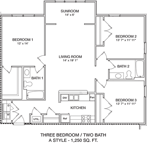 Floor plan for 3 beds, 2 baths, 1250 sqft